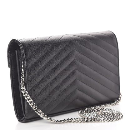 Saint Laurent Grain De Poudre Matelasse Chevron Monogram Chain Wallet Black 3 of 10
