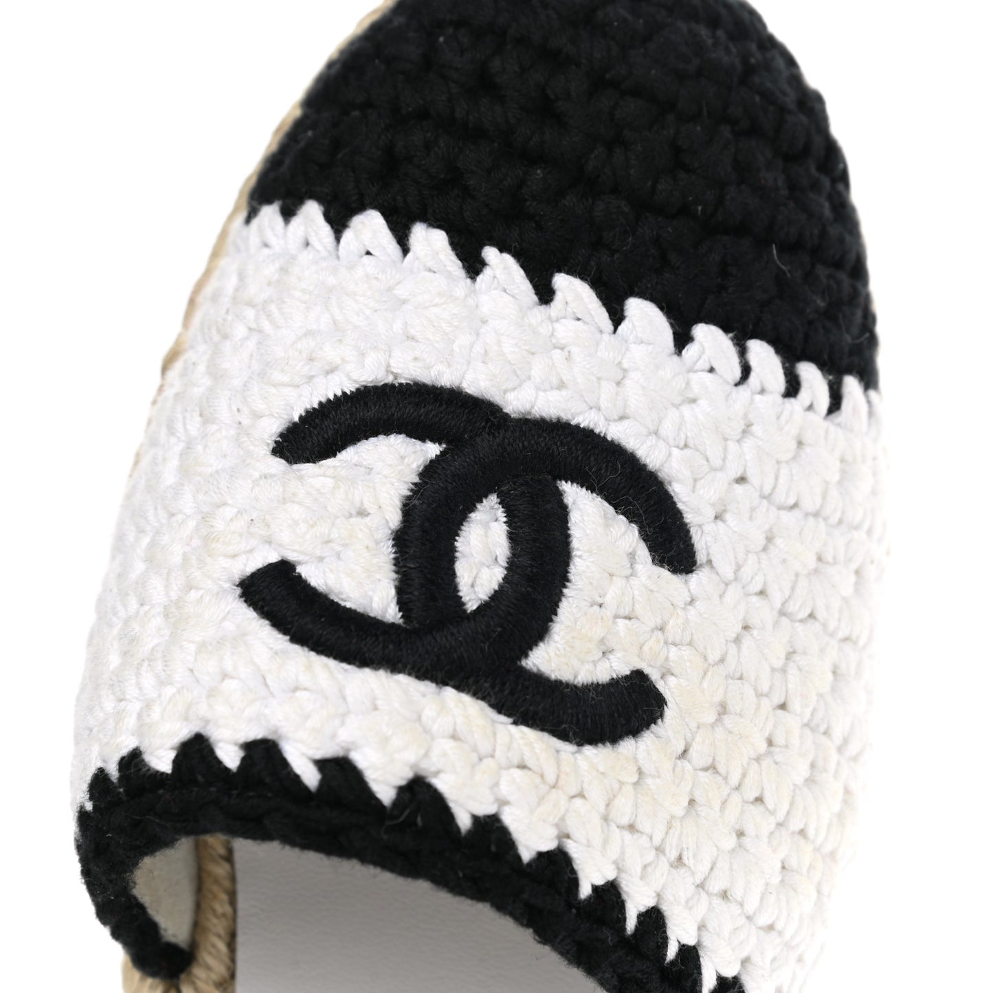 Braided Knit Cap Toe CC Ankle Strap Espadrilles 38 White Black