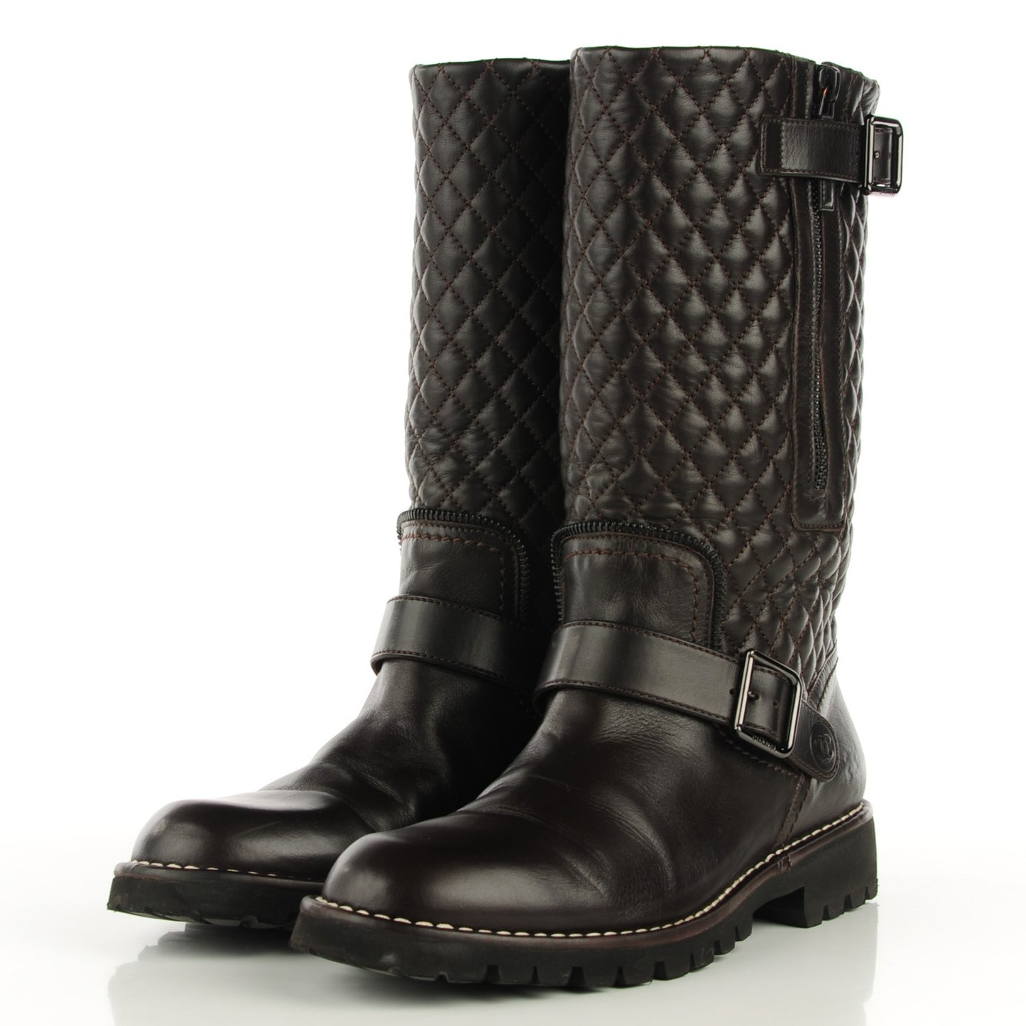 Calfskin Quilted Biker Boots 40 Dark Brown
