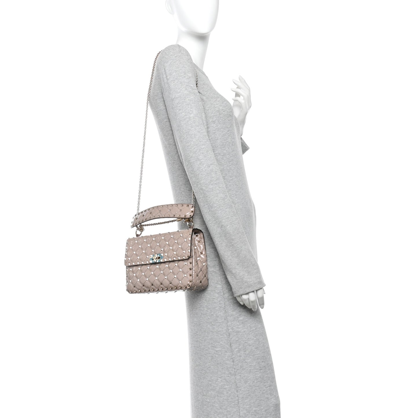 Patent Medium Rockstud Spike Shoulder Bag Poudre