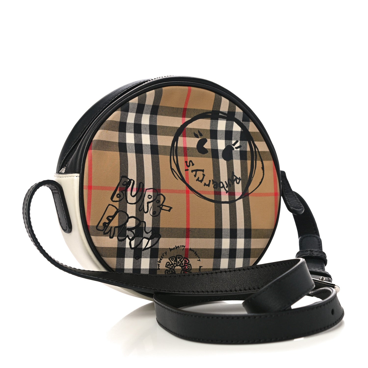 Burberry Vintage Check Calfskin Cartoon Print Round Bag Black White 3 of 9