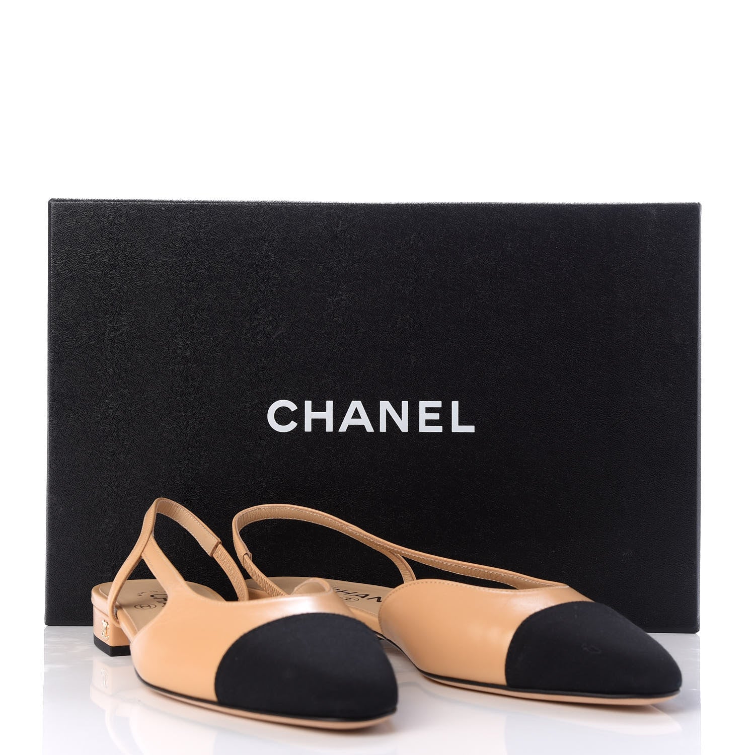 Chanel Lambskin Grosgrain Cap Toe CC Slingback Sandals 37 Beige Black 10 of 10