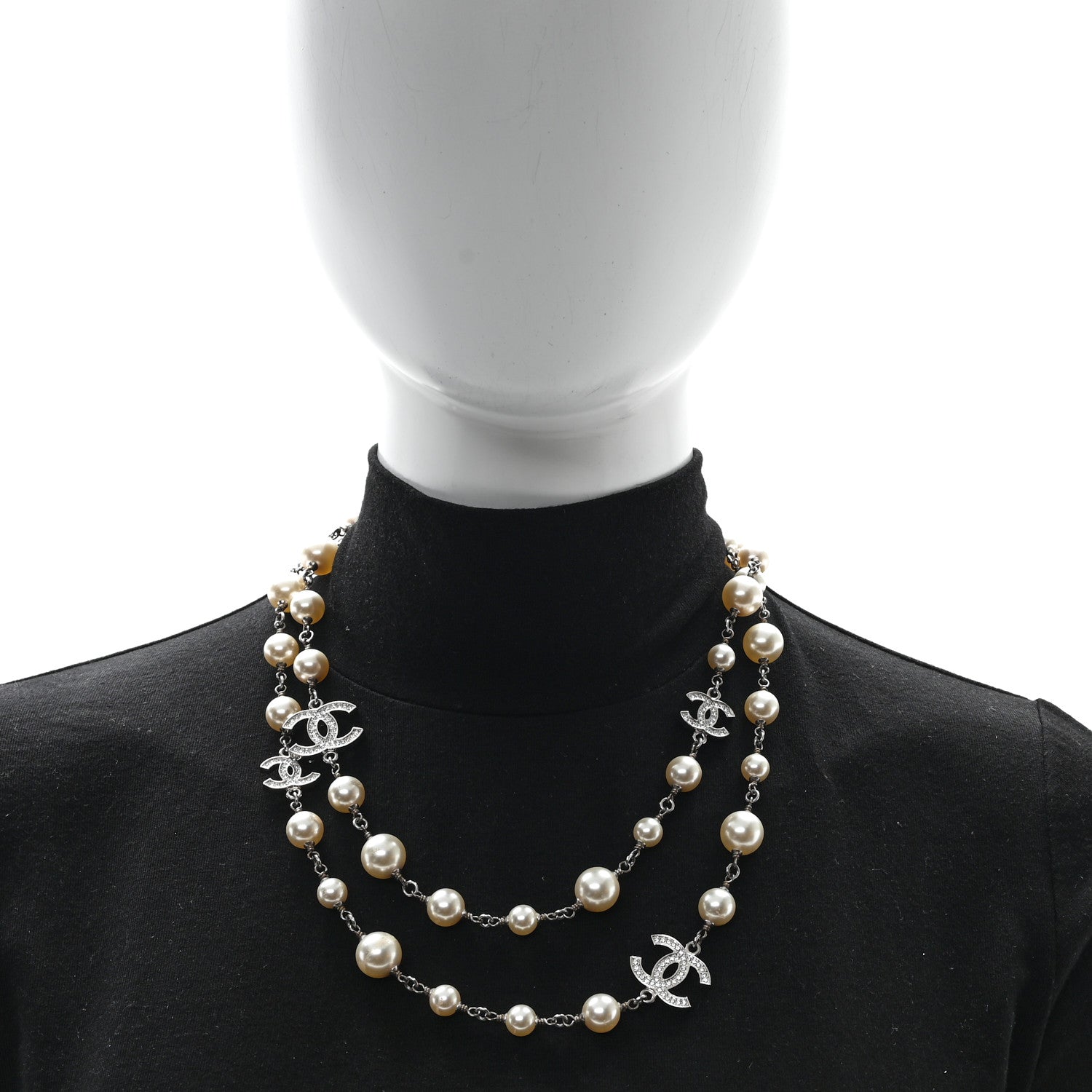 Chanel Crystal Pearl CC Long Necklace Silver 2 of 6