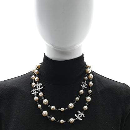 Chanel Crystal Pearl CC Long Necklace Silver 2 of 6