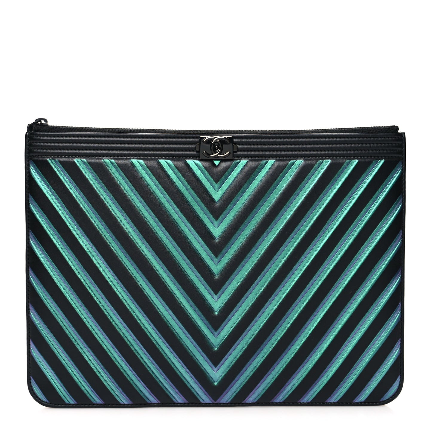 Calfskin Painted Chevron Embossed Medium Boy Zip Pouch Black