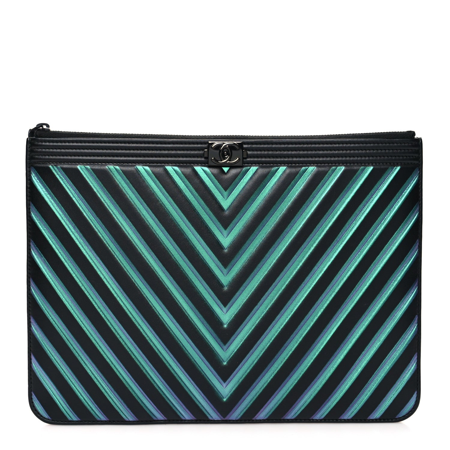 Chanel Calfskin Painted Chevron Embossed Medium Boy Zip Pouch Black 1 of 8