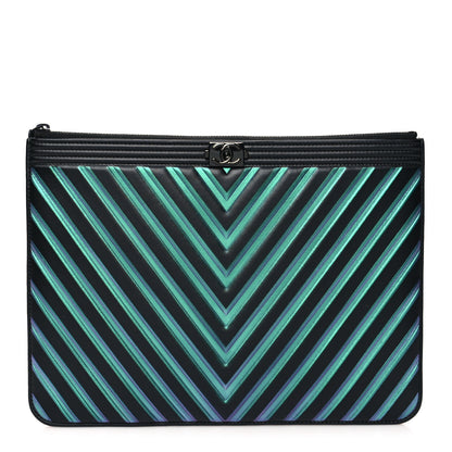 Chanel Calfskin Painted Chevron Embossed Medium Boy Zip Pouch Black 1 of 8