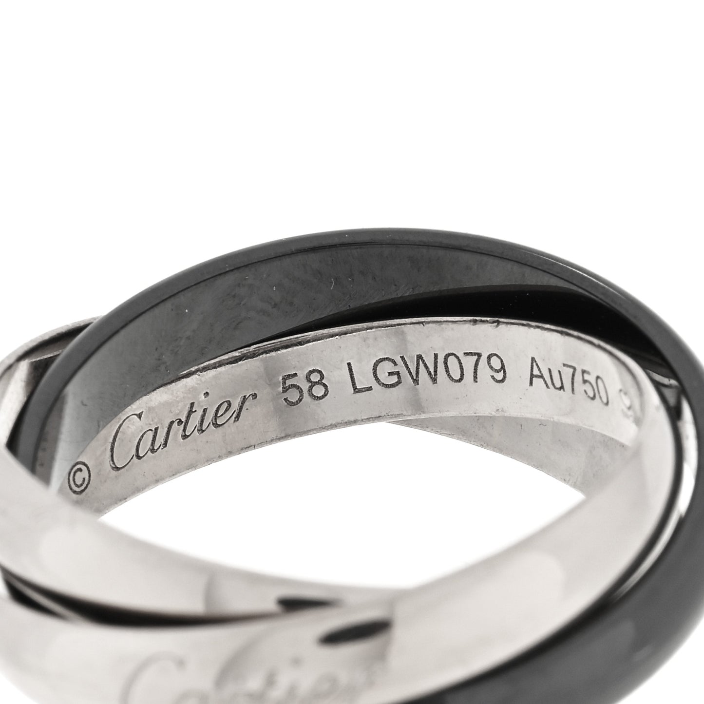 18K White Gold Black Ceramic Trinity Ring 58 8.25