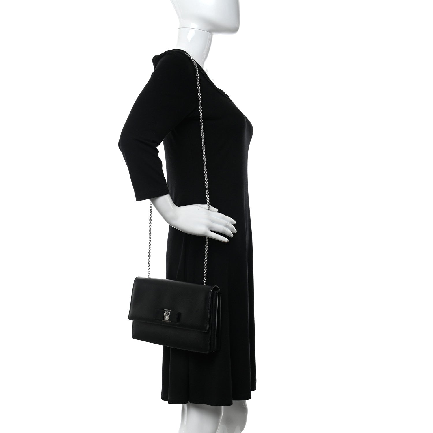 Salvatore Ferragamo Pebbled Calfskin Vara Bow Chain Flap Crossbody Black 2 of 10