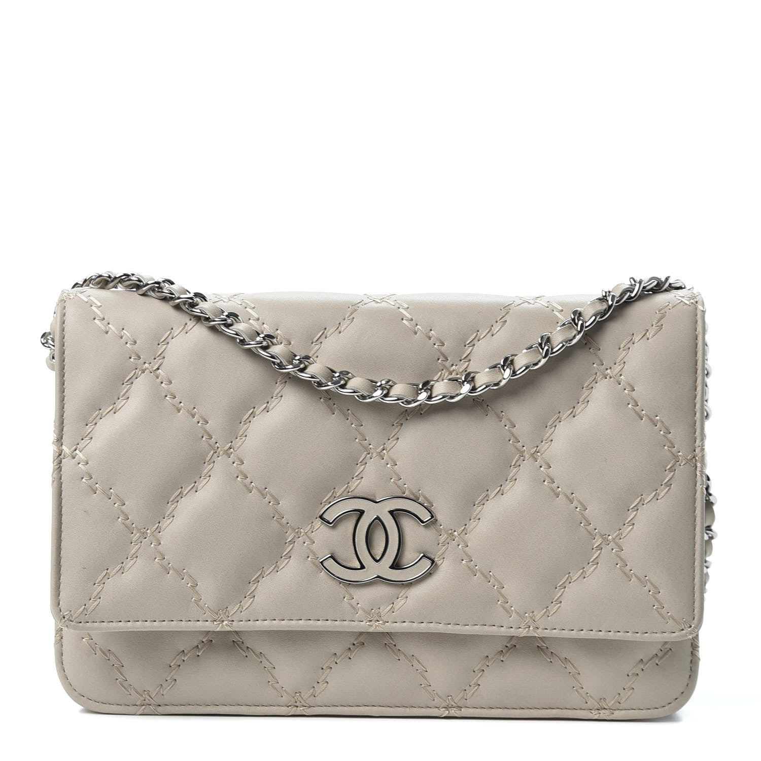Chanel Calfskin Double Stitch Hamptons Wallet On Chain WOC Grey 1 of 10