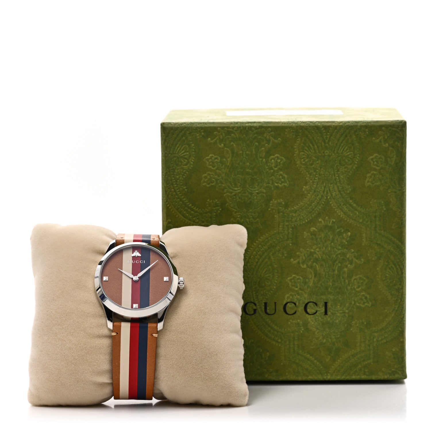 Gucci Stainless Steel Calfskin 38mm G-Timeless Stripe Web Quartz Watch Brown 5 of 5