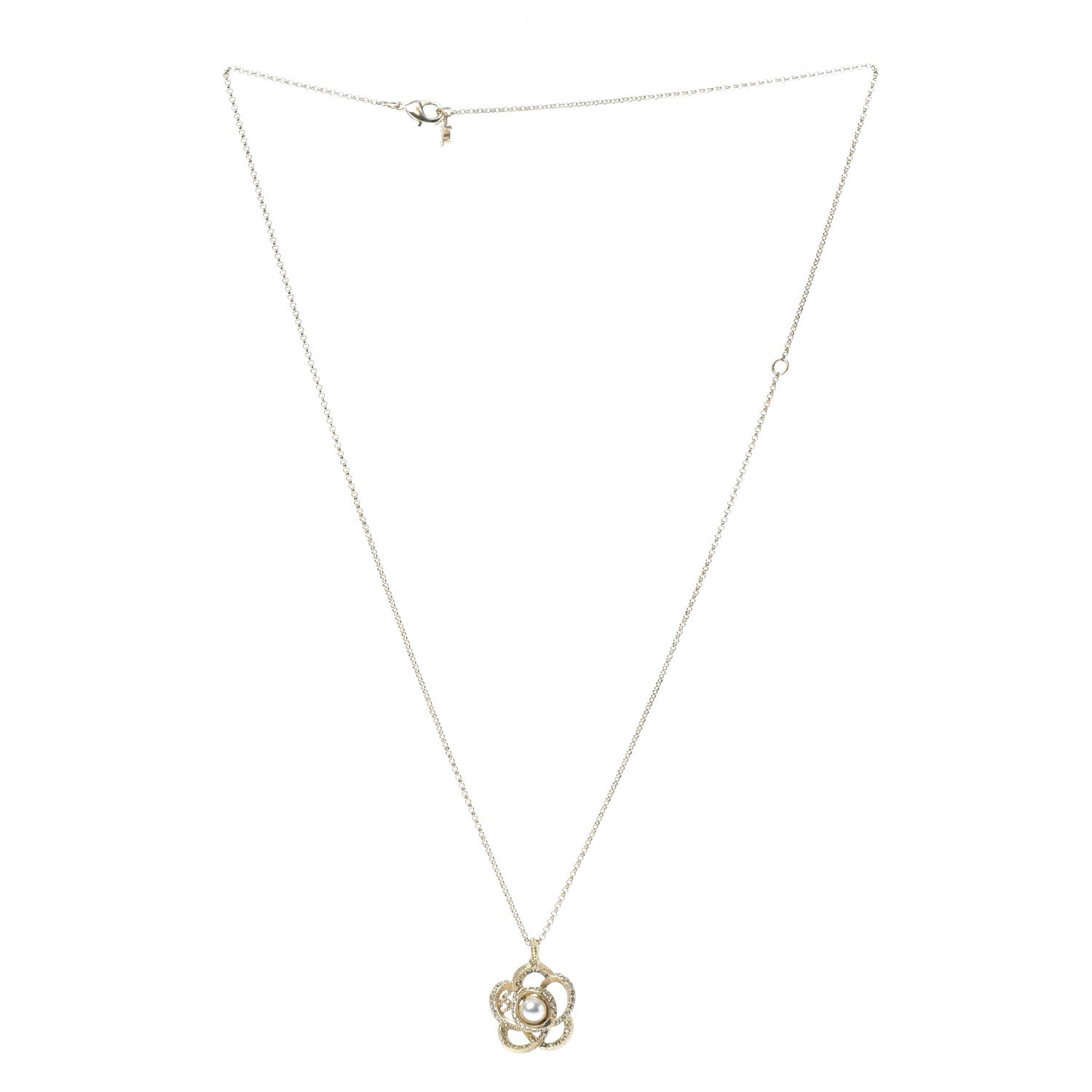 Chanel Crystal Pearl Camellia Necklace Gold 3 of 5