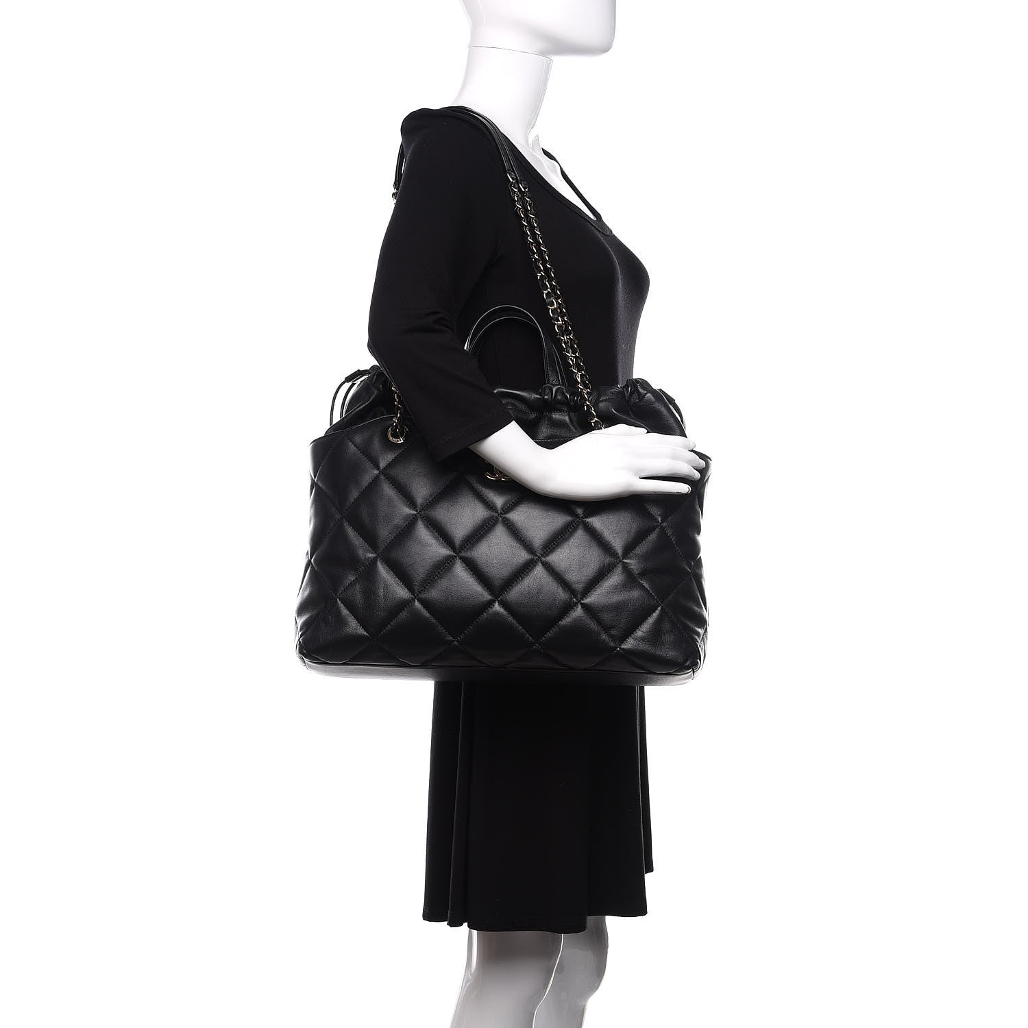 Chanel Lambskin Quilted Drawstring Shopping Bag Black 3 of 11