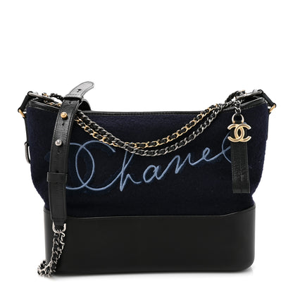Chanel Calfskin Wool Embroidered Paris Hamburg Medium Gabrielle Hobo Dark Navy Blue 1 of 10