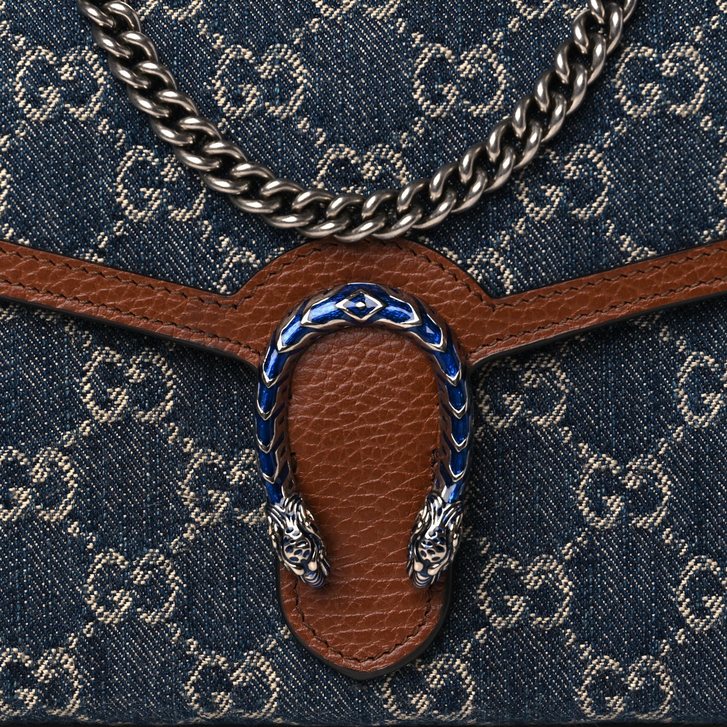 New Denim GG Monogram Dollar Calfskin Enamel Mini Dionysus Chain Wallet Blue Tea Cuir Epilog Electric Blue