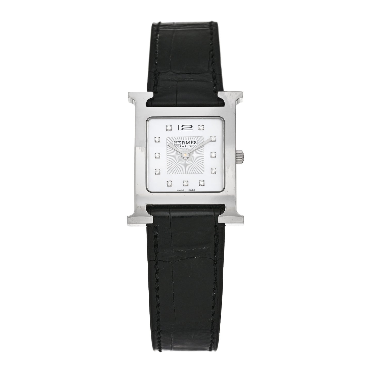 Stainless Steel Alligator Diamond Mother of Pearl 26mm Heure H Hour Quartz Watch Noir