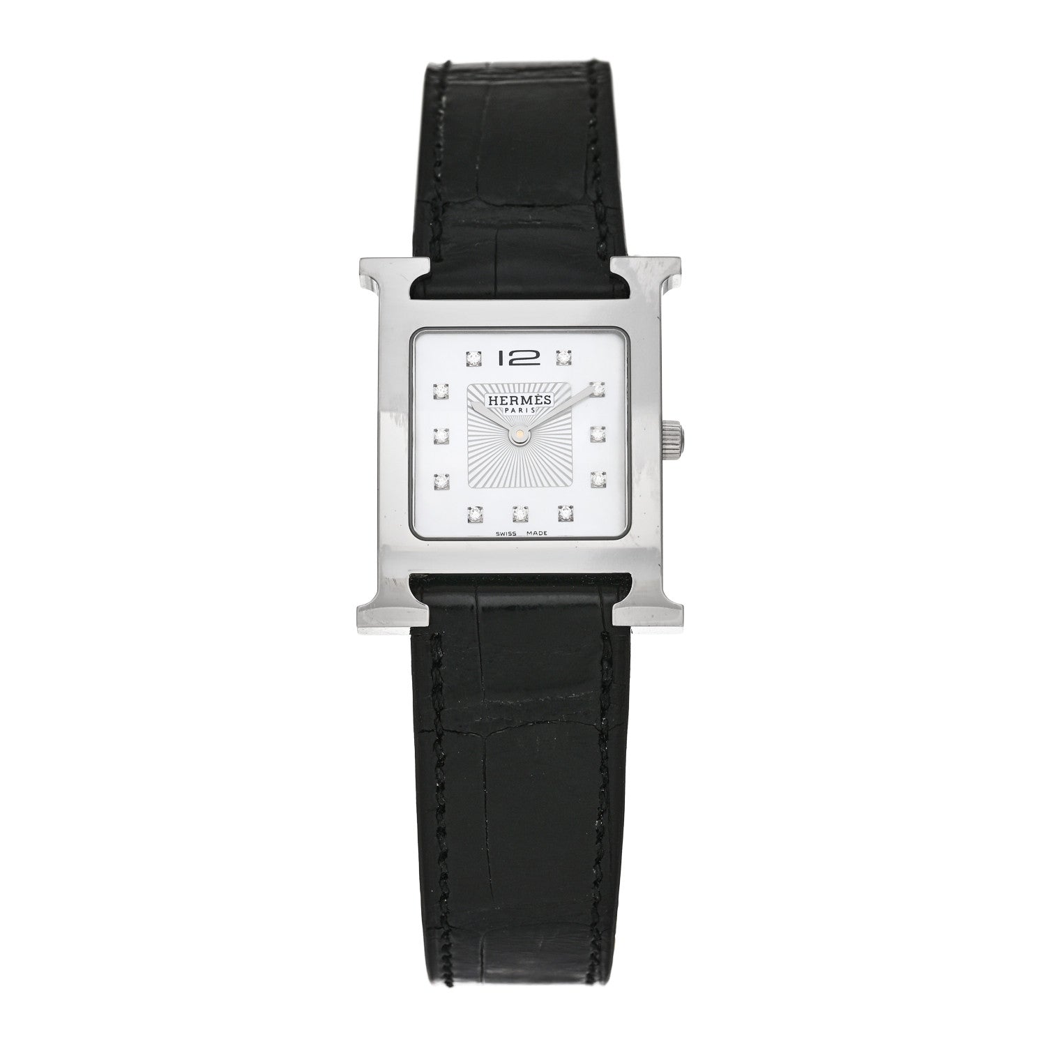 Hermes Stainless Steel Alligator Diamond Mother of Pearl 26mm Heure H Hour Quartz Watch Noir 1 of 5