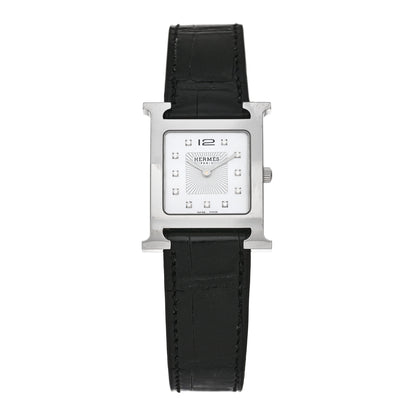 Hermes Stainless Steel Alligator Diamond Mother of Pearl 26mm Heure H Hour Quartz Watch Noir 1 of 5