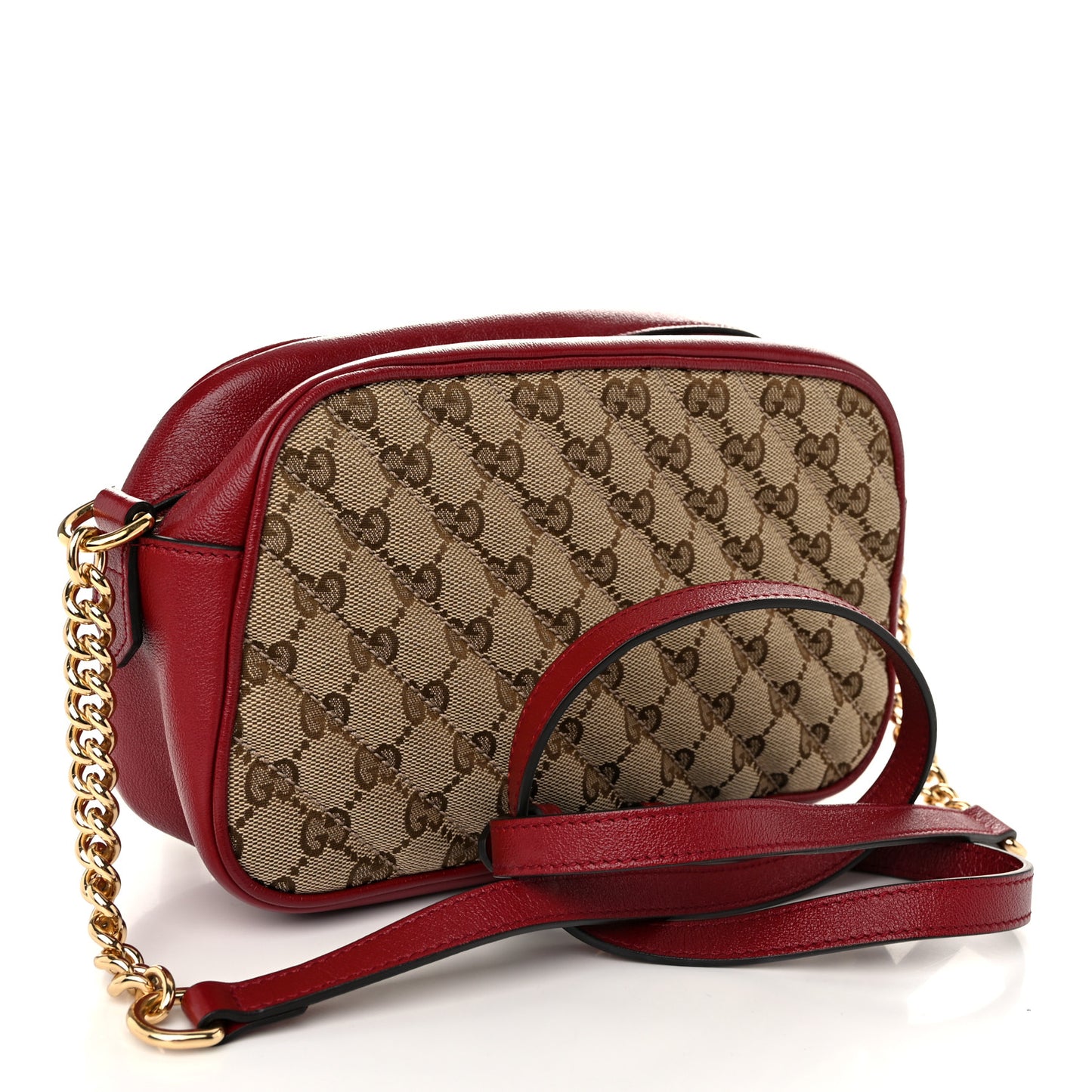 Monogram Azalea Calfskin Matelasse Diagonal Small GG Marmont Chain Shoulder Bag Beige Ebony New Cherry Red