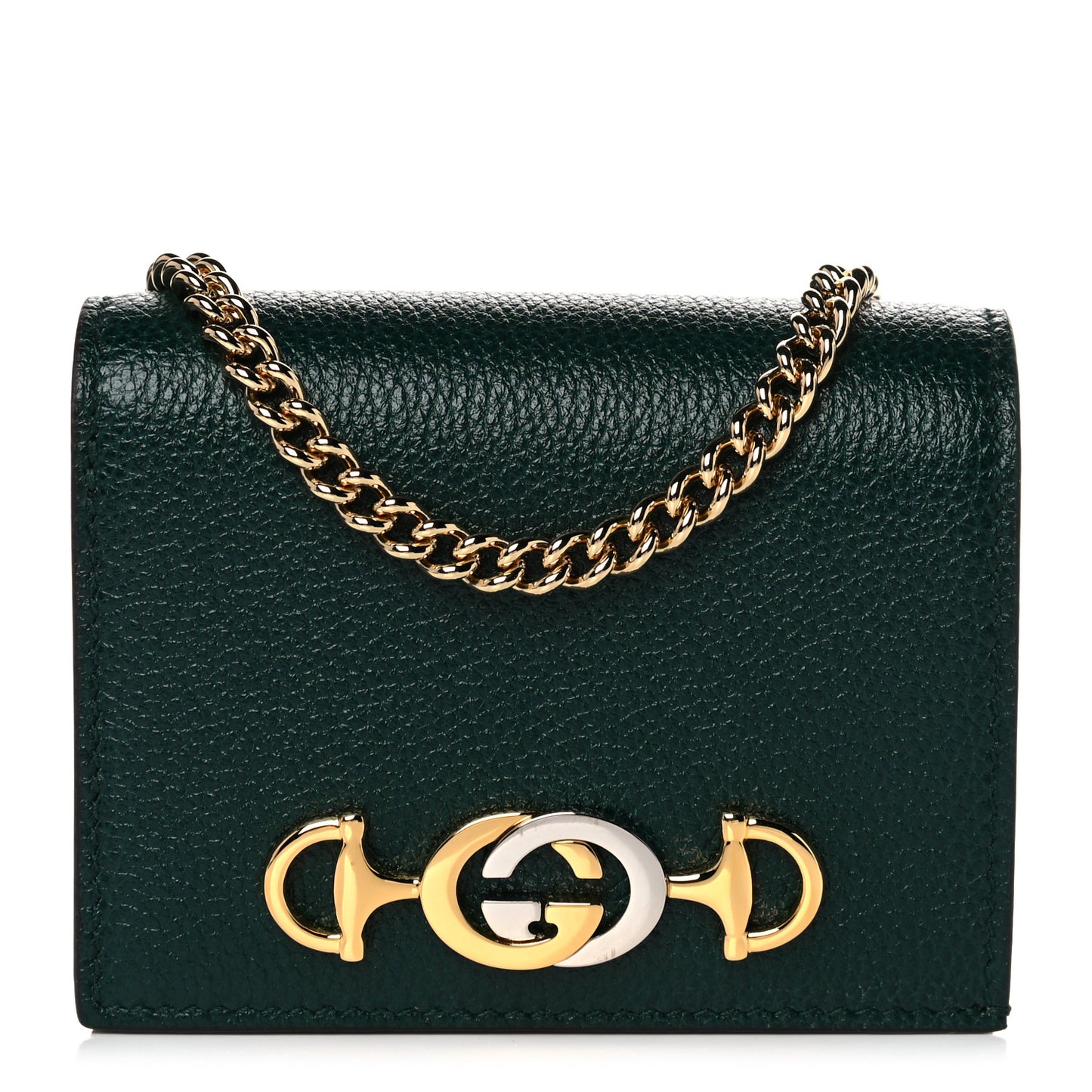 Grainy Calfskin Zumi Chain Card Case Wallet Vintage Green