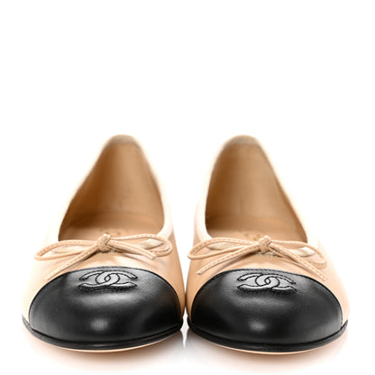 Chanel Lambskin Cap Toe CC Ballerina Flats 38.5 Beige Black 3 of 10