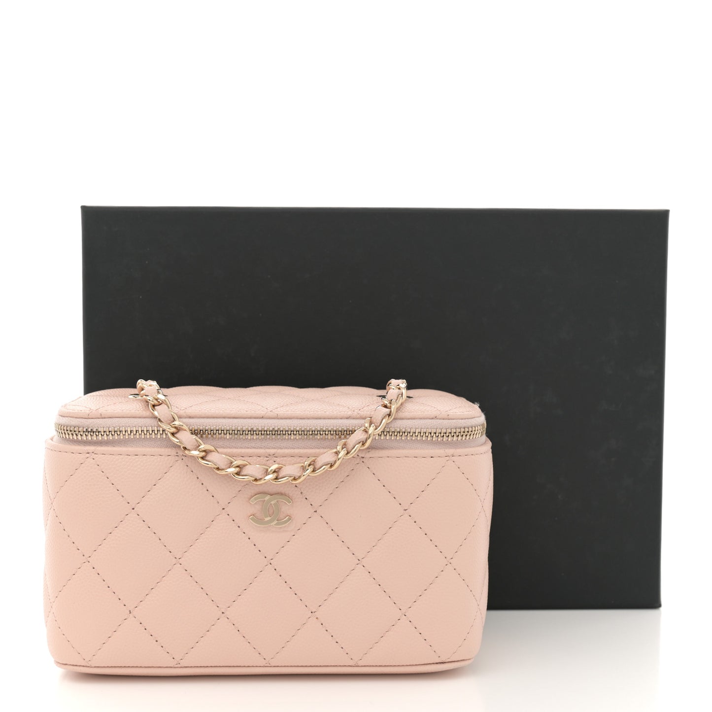 Caviar Quilted Small Vanity Case With Chain Light Beige