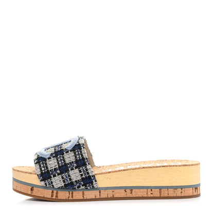 Chanel Tweed Mixed Fibers Cork CC Mule Sandal 36 Navy Blue White Blue 1 of 8