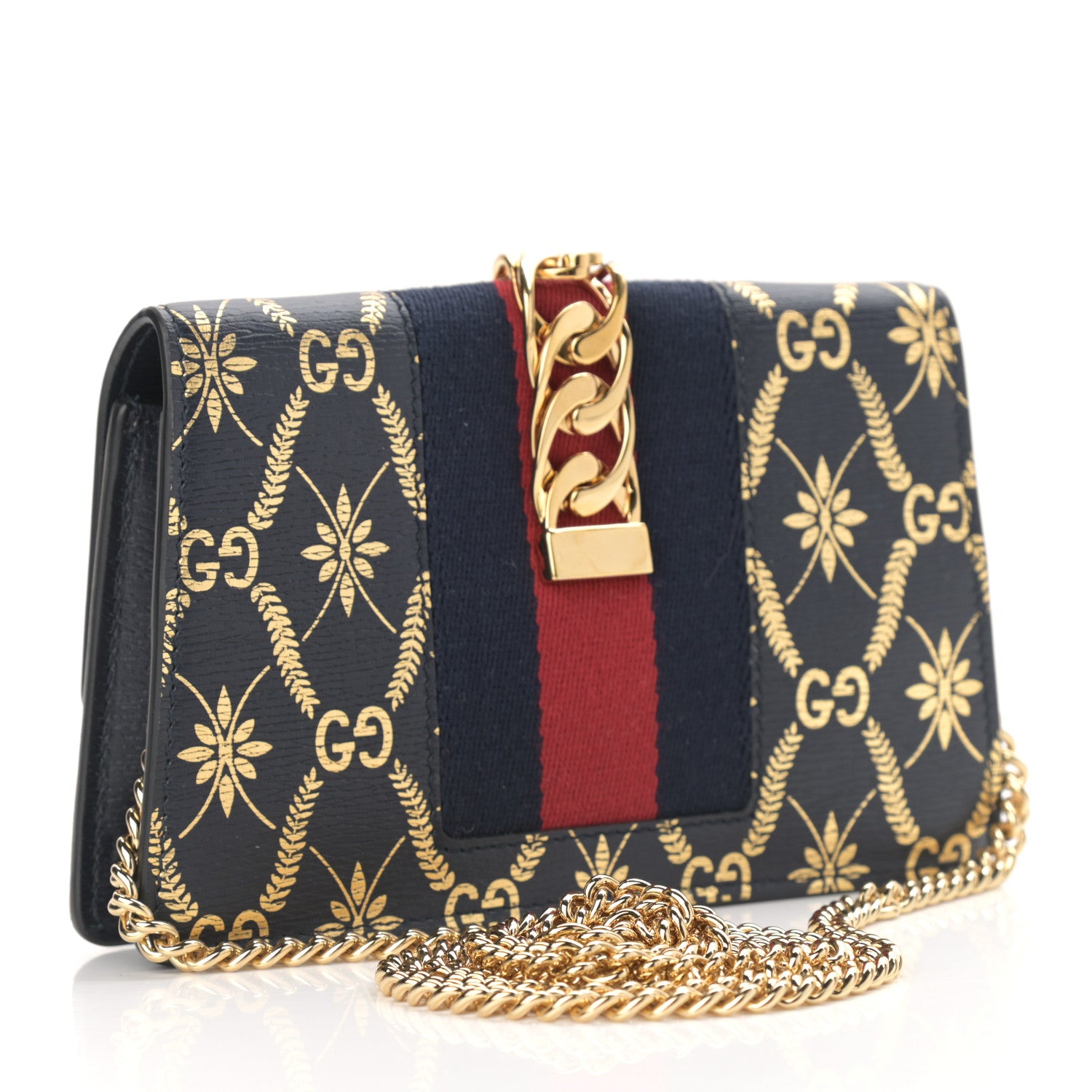 Gucci Textured Calfskin Super Mini Sylvie Chain Shoulder Bag Navy Gold 3 of 11