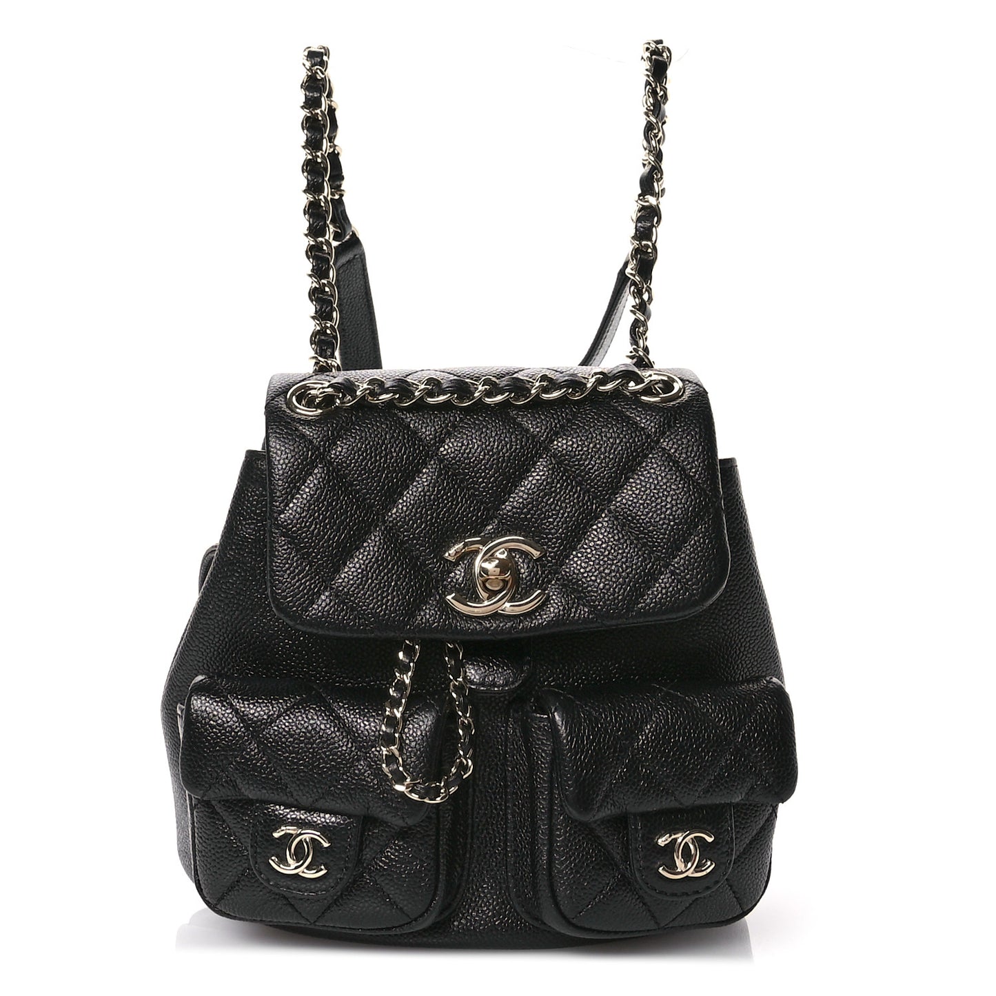Shiny Caviar Quilted Small Duma Pockets Drawstring Backpack Black