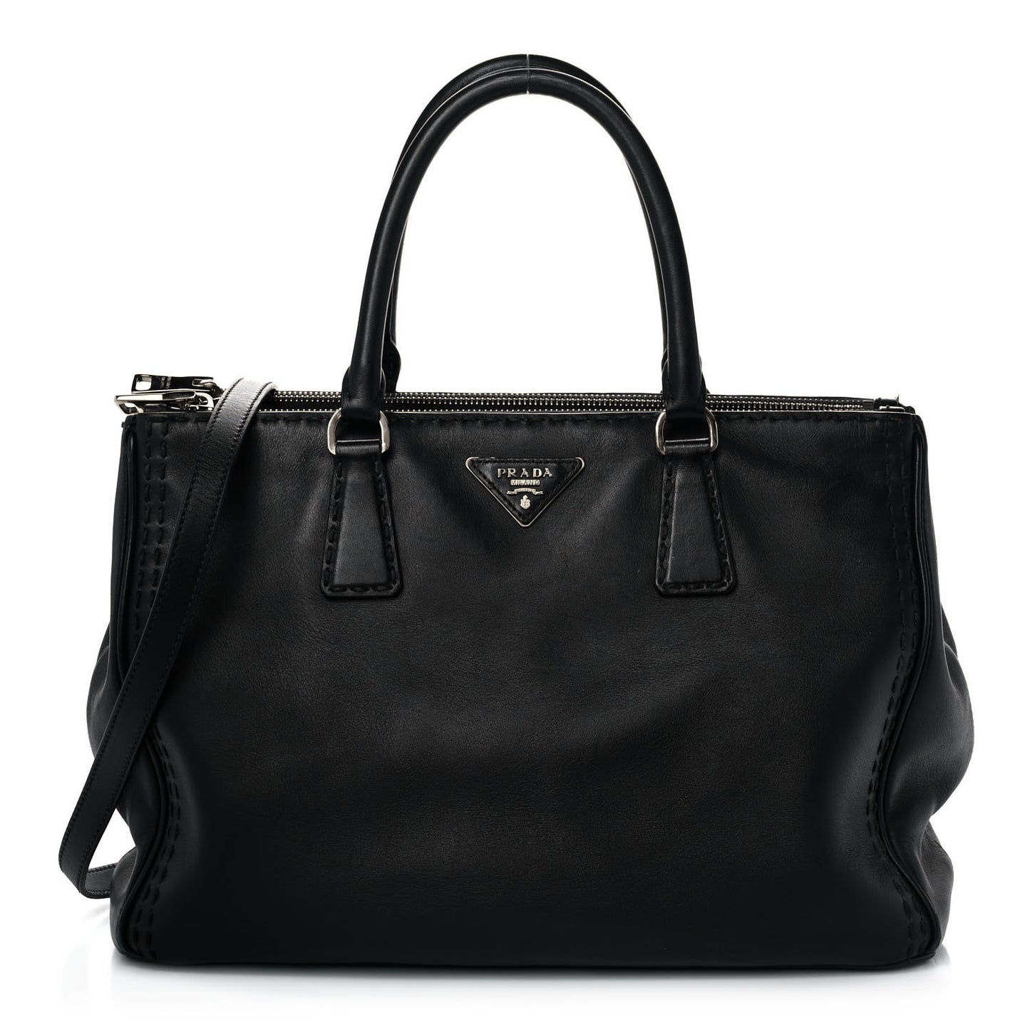 City Calf Hand Stitched Medium Galleria Double Zip Tote Black