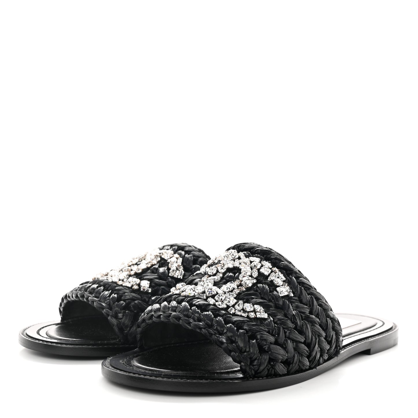 Raffia Crystal CC Mules Sandals 39 Black