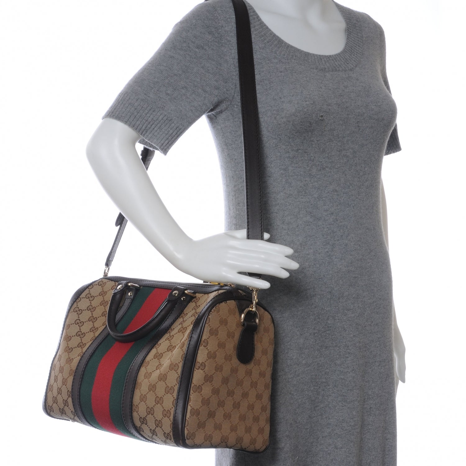 Gucci Monogram Selleria Calfskin Vintage Web Medium Boston Beige Ebony Cocoa 5 of 9