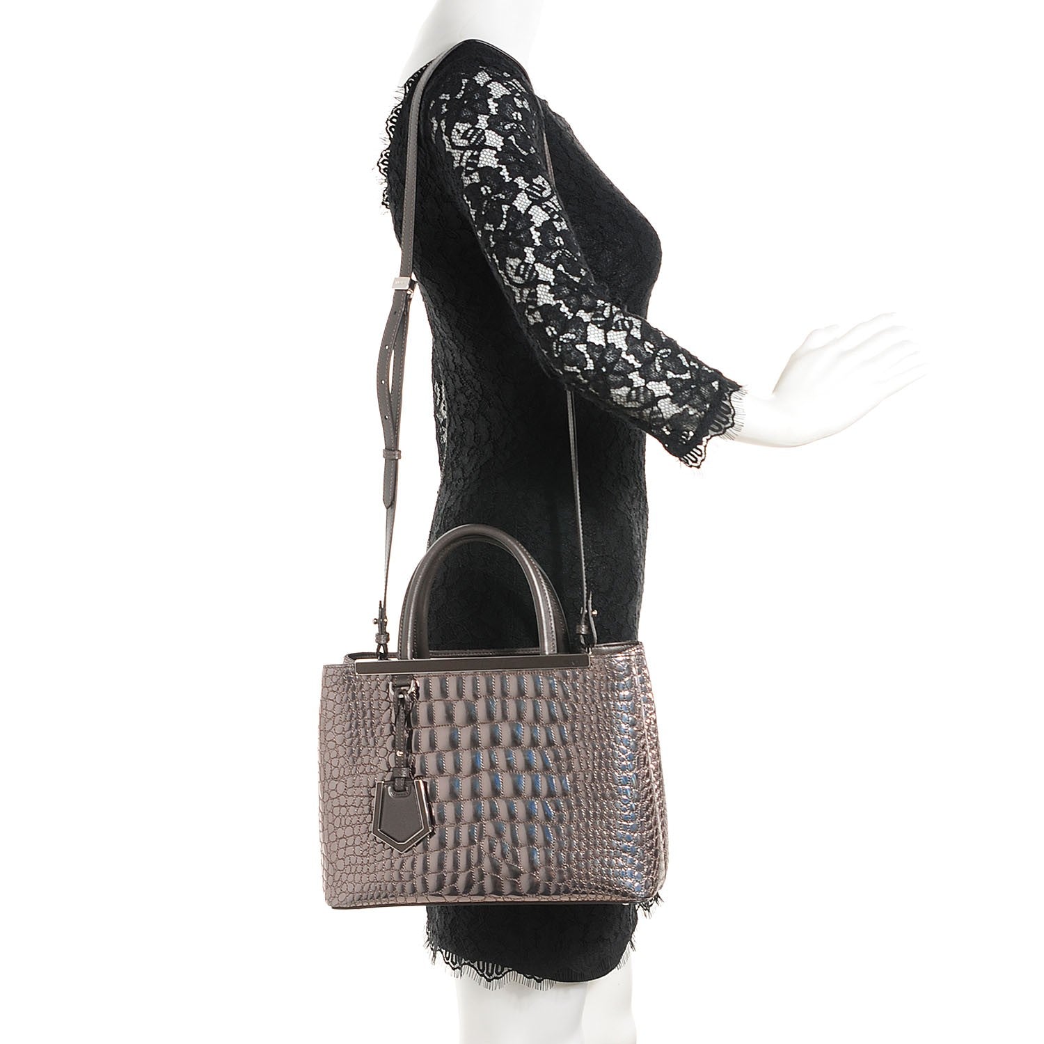 Fendi Metallic Calfskin Crocodile Embroidered Petite 2Jours Tote Silver Mirror 2 of 7