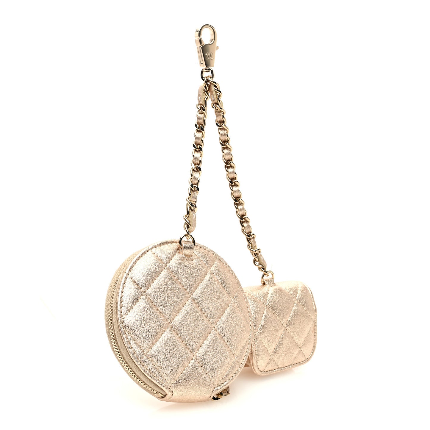 Metallic Lambskin Quilted Round Clip On Coin Purse Airpods Case Gold