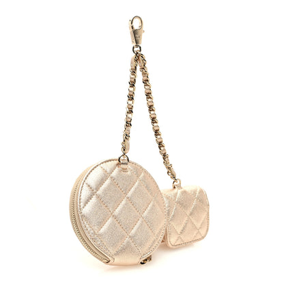 Chanel Metallic Lambskin Quilted Round Clip On Coin Purse Airpods Case Gold 3 of 9