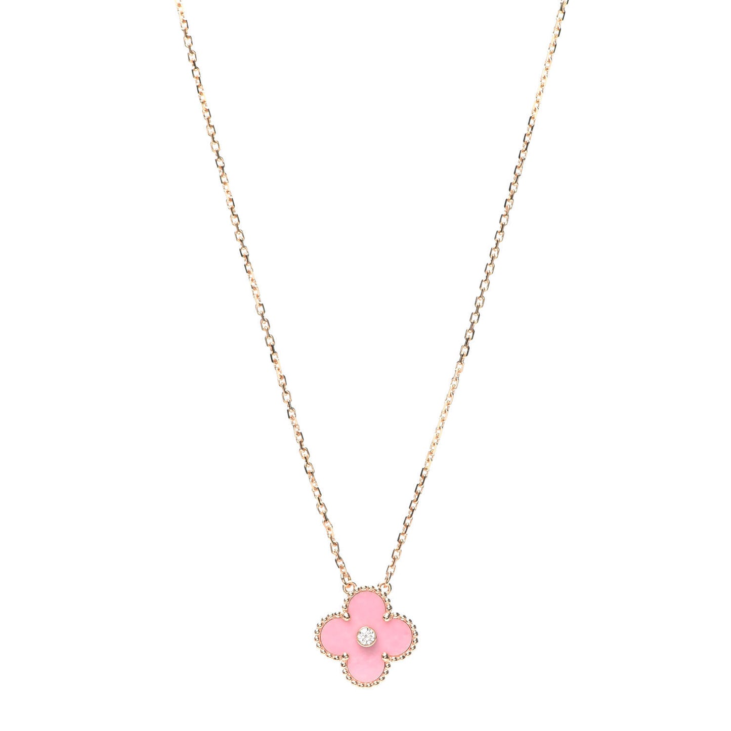 18K Rose Gold Diamond Pink Porcelain Vintage Alhambra Pendant Necklace