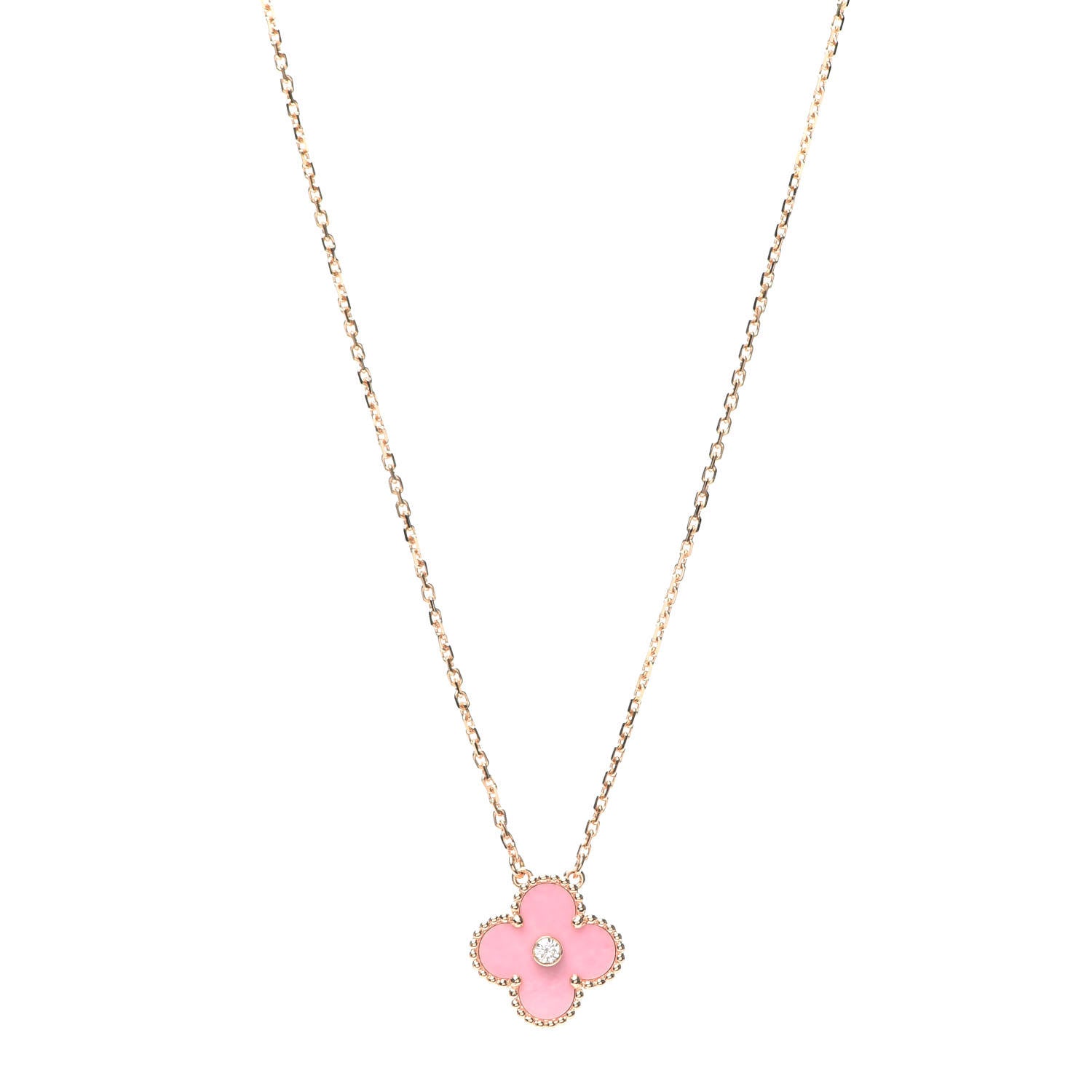 Van Cleef & Arpels 18K Rose Gold Diamond Pink Porcelain Vintage Alhambra Pendant Necklace 1 of 6