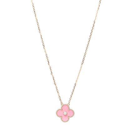 Van Cleef & Arpels 18K Rose Gold Diamond Pink Porcelain Vintage Alhambra Pendant Necklace 1 of 6