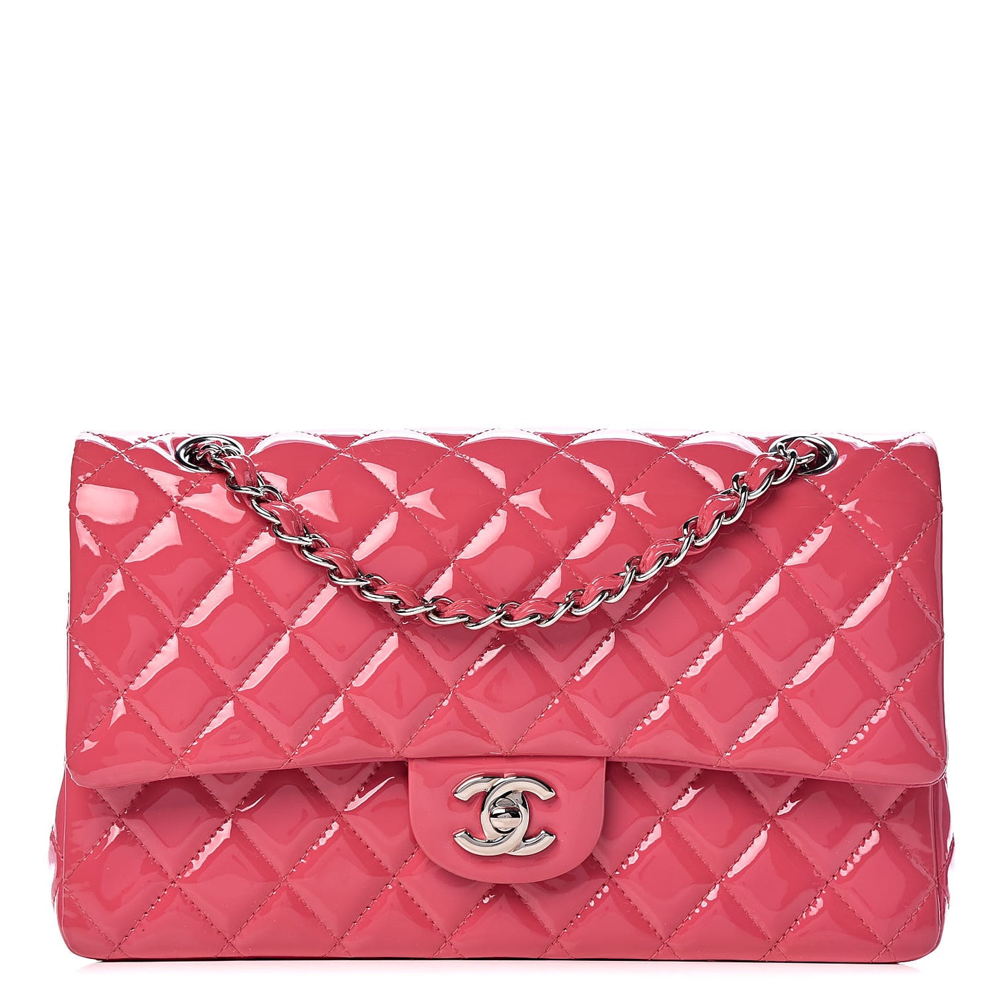Patent Quilted Medium Double Flap Fuchsia