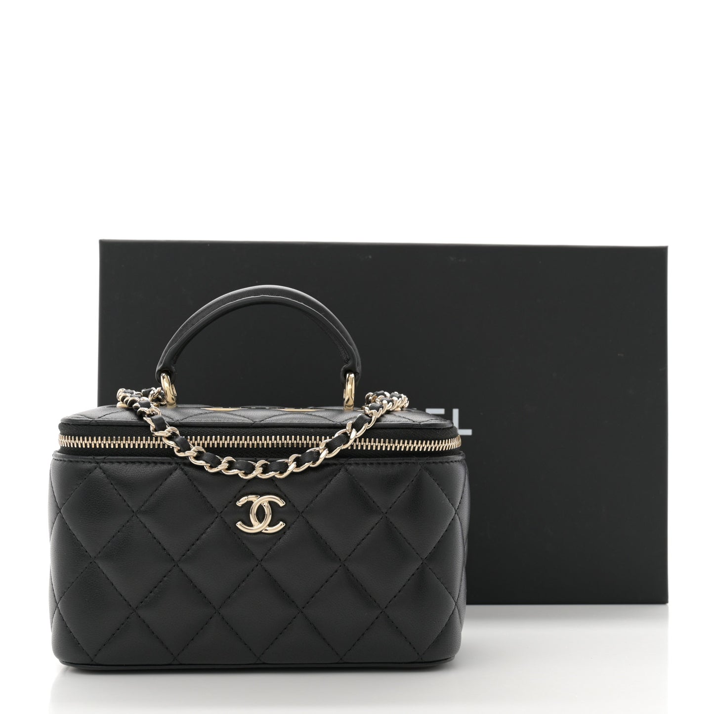 Lambskin Quilted Trendy Small Top Handle Vanity Case With Chain Black