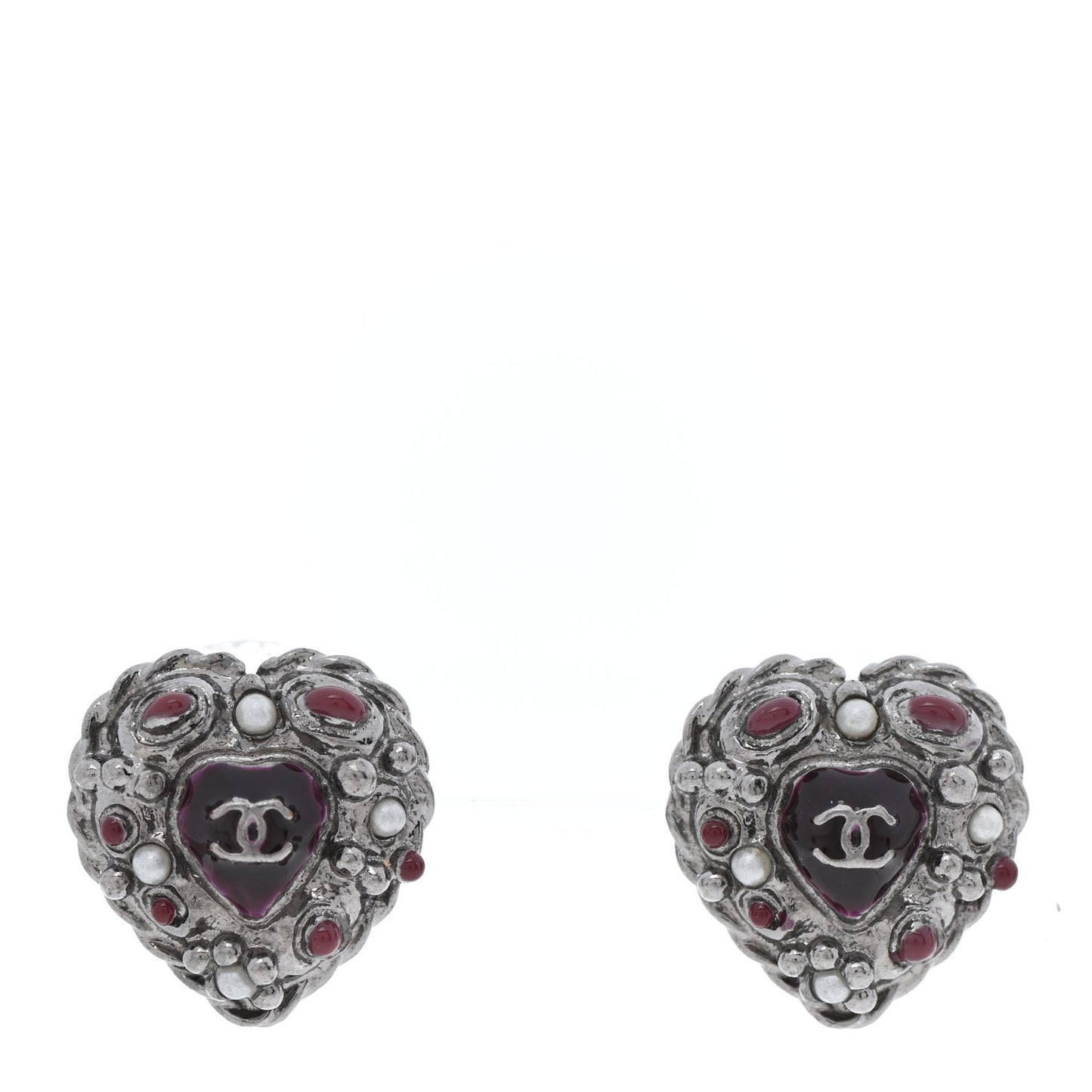 Pearl Enamel Heart CC Earrings Black Silver