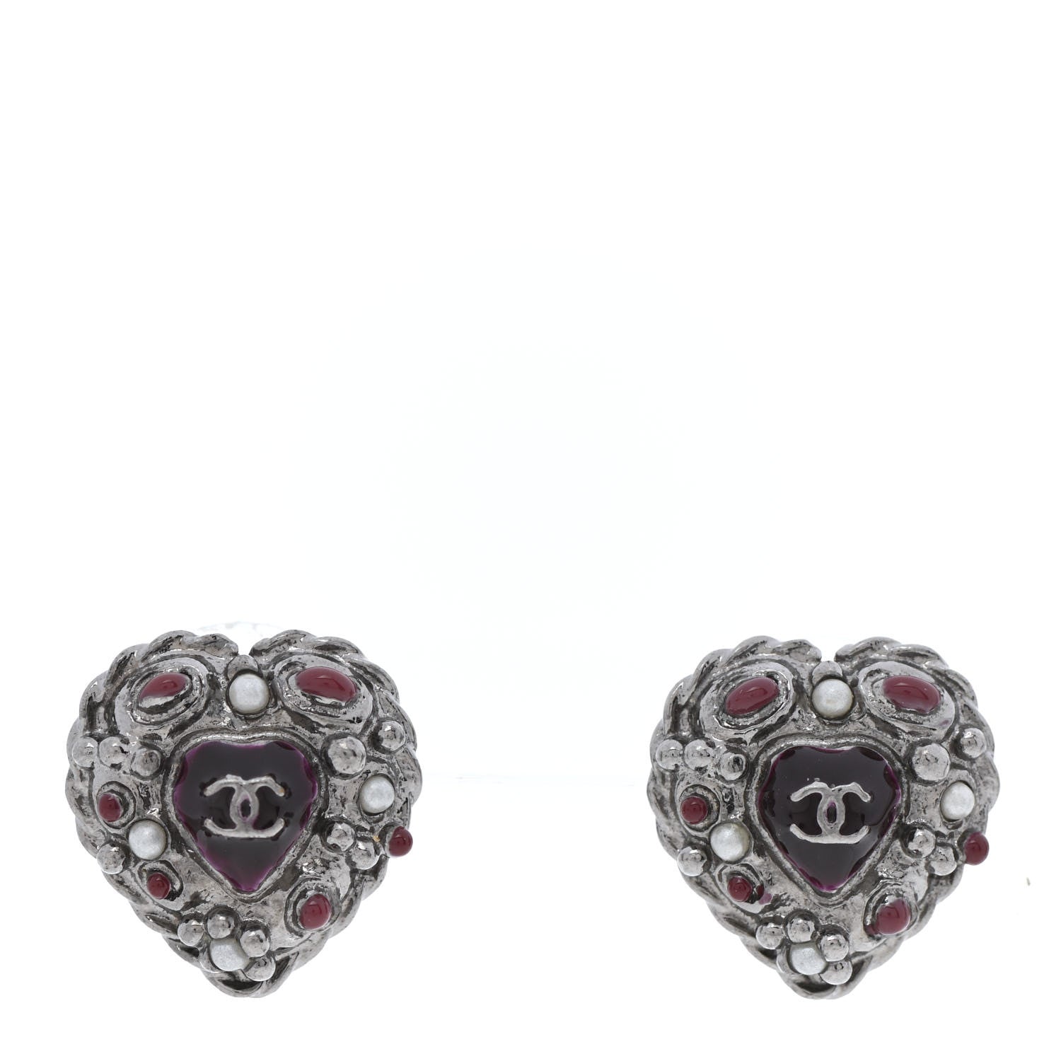 Chanel Pearl Enamel Heart CC Earrings Black Silver 1 of 4