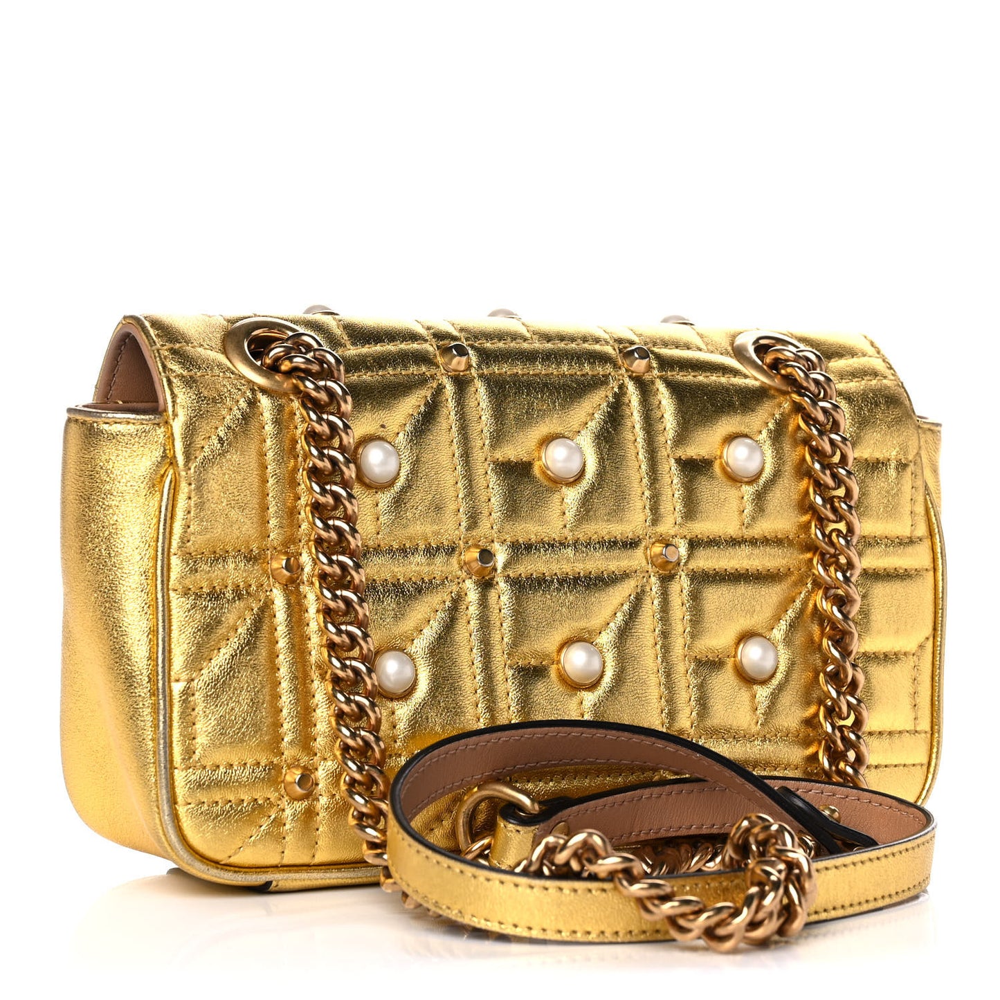Metallic Calfskin Matelasse Studded Mini Pearly GG Marmont Shoulder Bag Gold