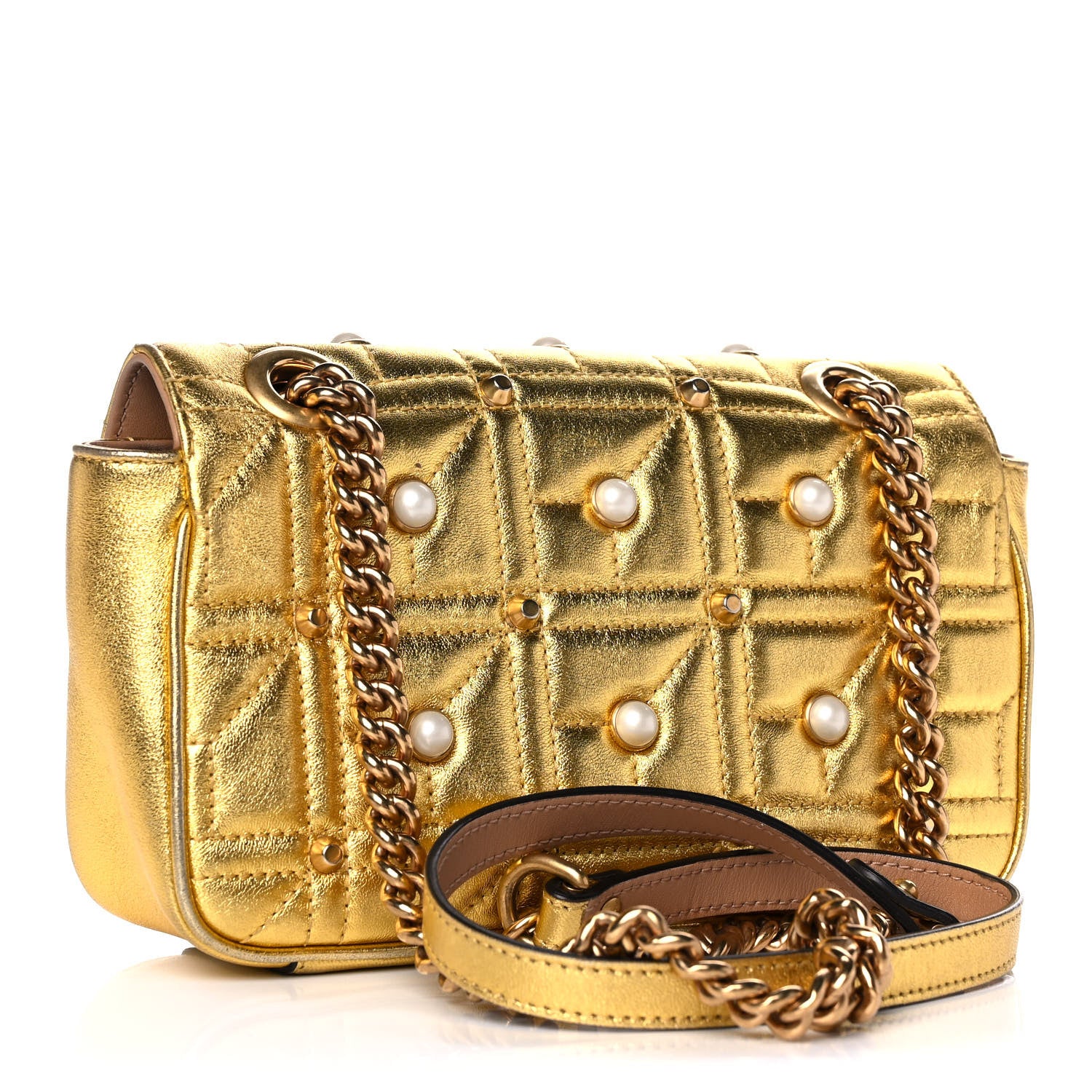 Gucci Metallic Calfskin Matelasse Studded Mini Pearly GG Marmont Shoulder Bag Gold 3 of 15