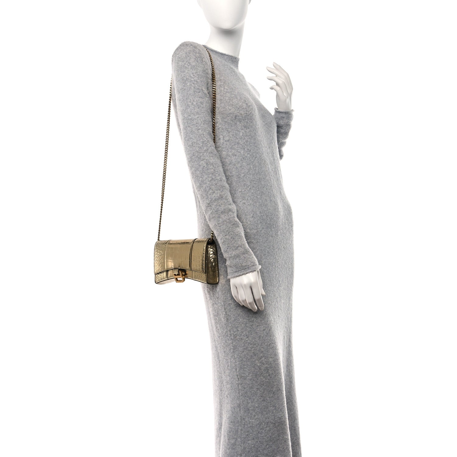 Balenciaga Metallic Calfskin Crocodile Embossed Hourglass Chain Bag Gold 2 of 9