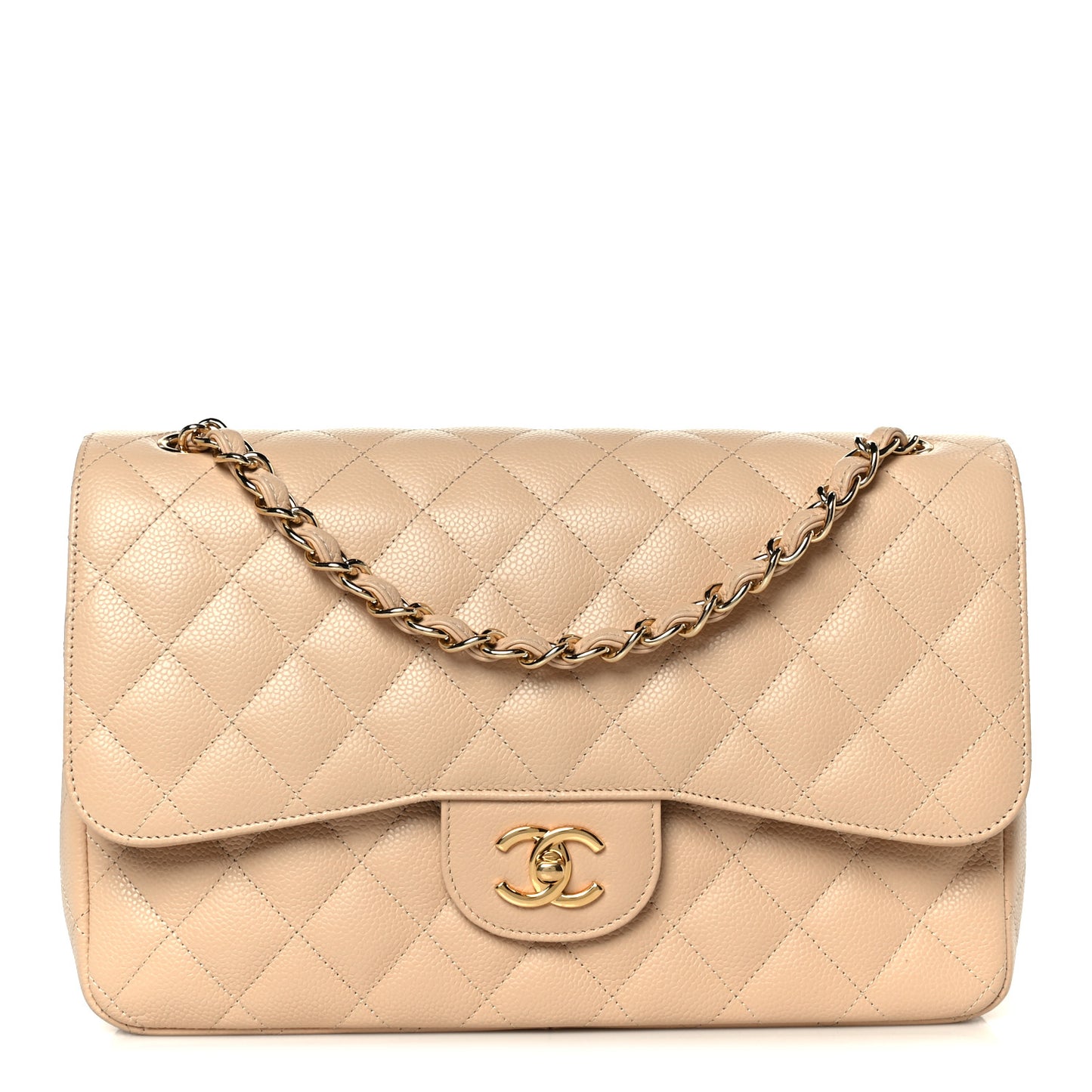 Caviar Quilted Jumbo Double Flap Beige Clair