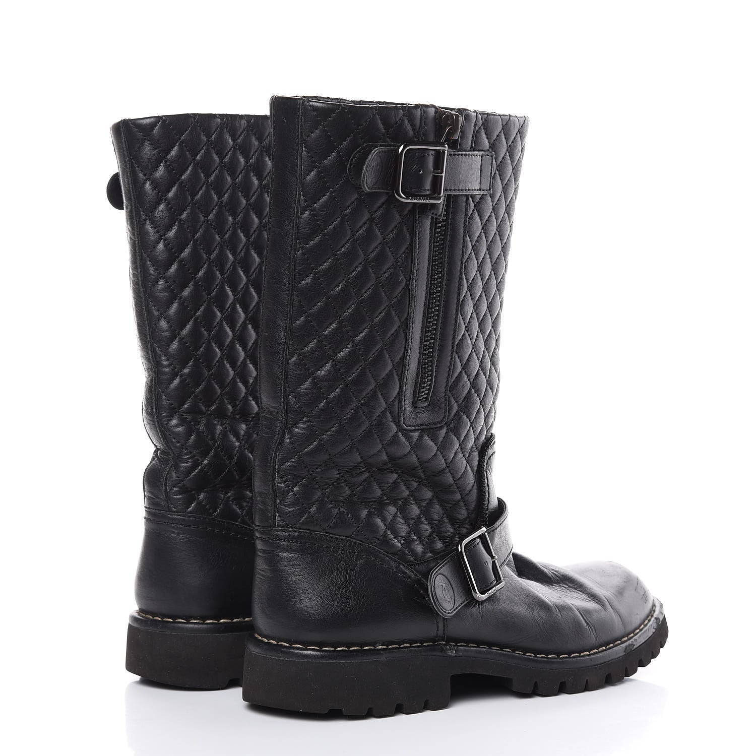 Chanel Calfskin Quilted Biker Boots 38.5 Black 4 of 15