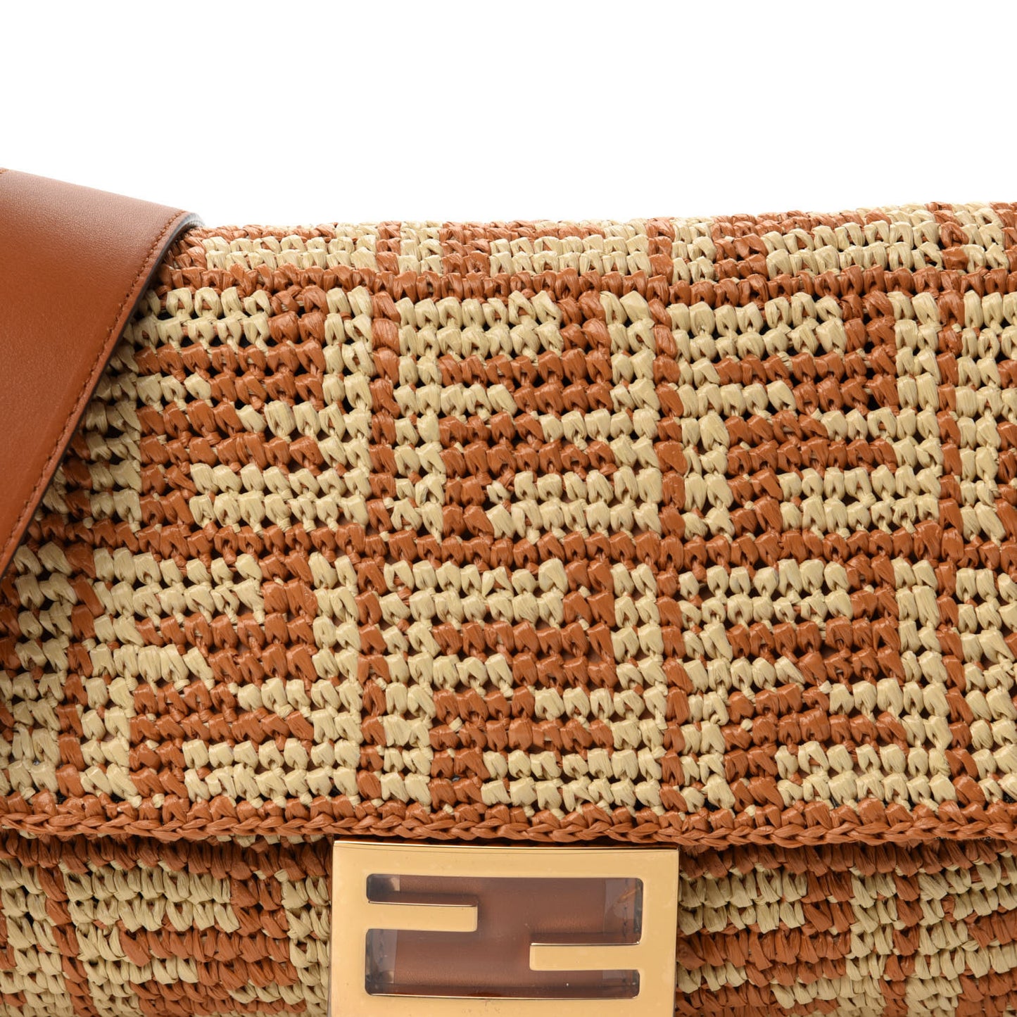 Raffia Vitello Seta FF Woven Large Baguette Brick Natural