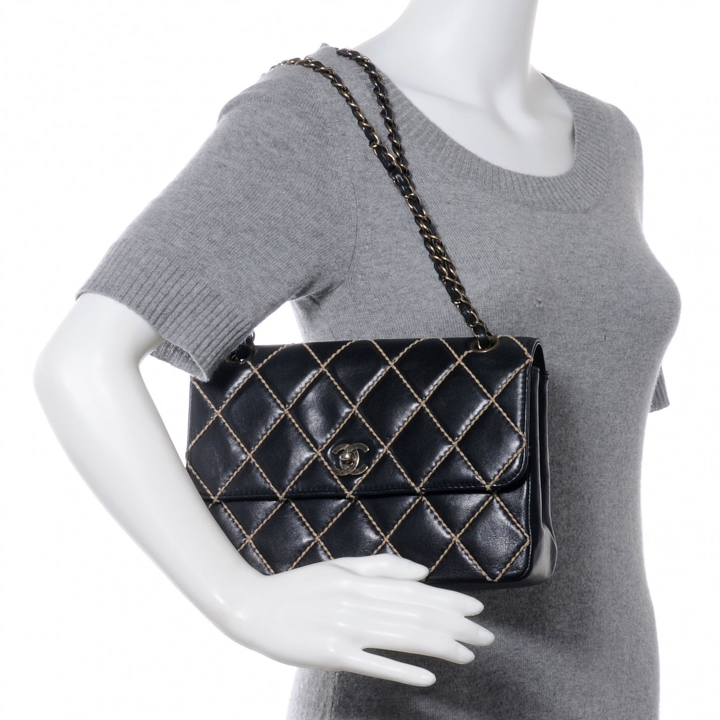 Leather Quilted Contrast Stitch Surpique Flap Black