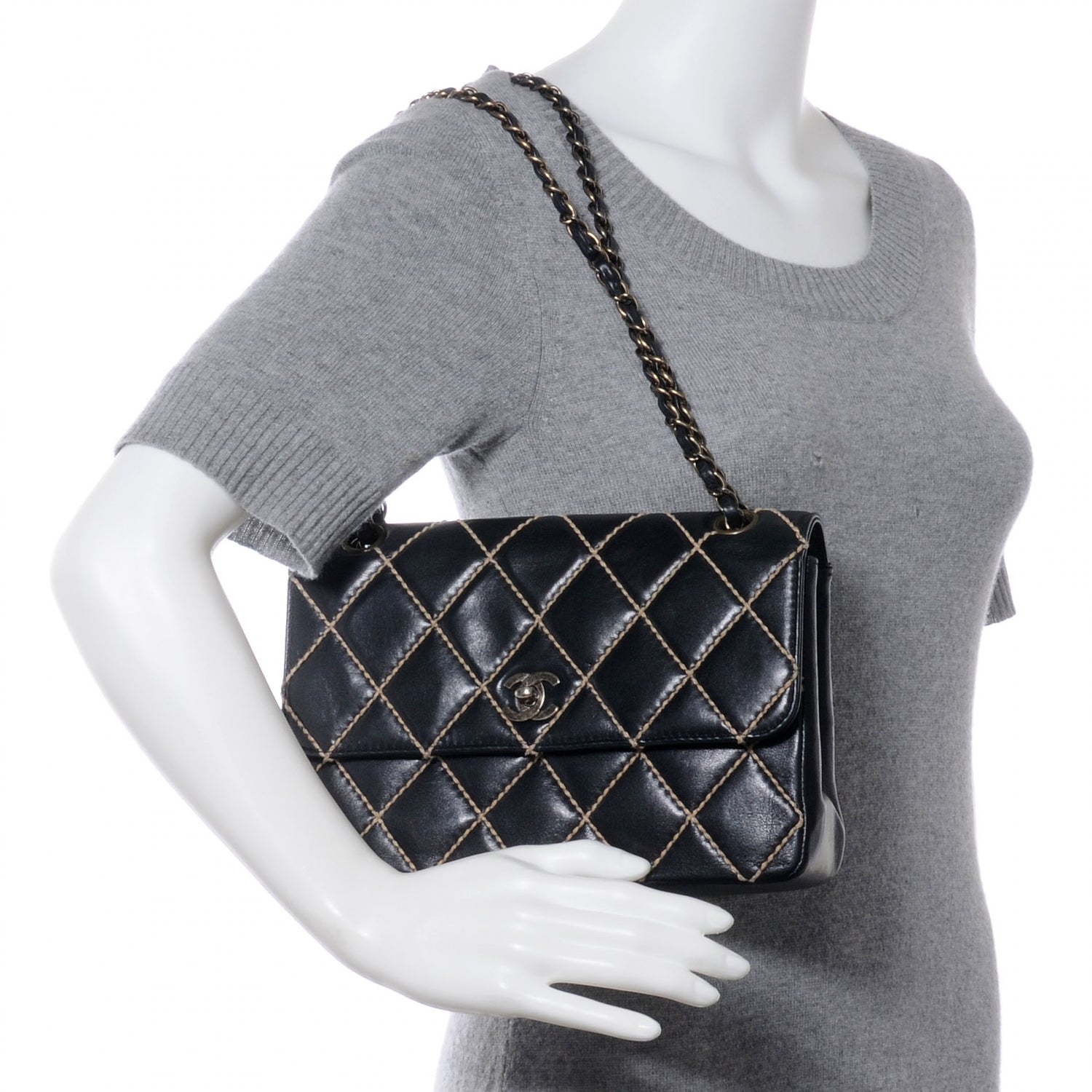 Chanel Leather Quilted Contrast Stitch Surpique Flap Black 2 of 8